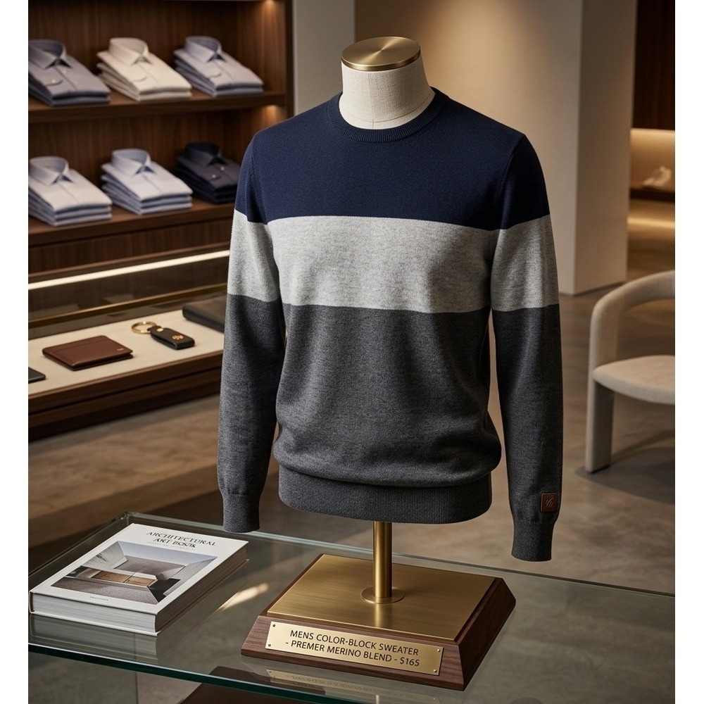 Minimalist Colorblock Crewneck Sweater Men's Medium Navy Grey Dark Academia